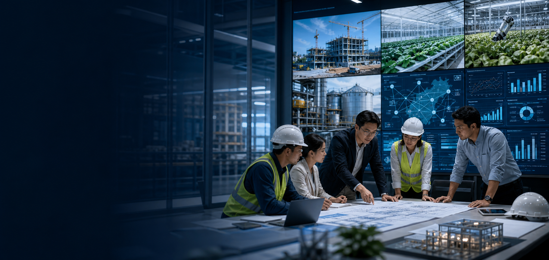 Project team reviewing plans in a modern execution room